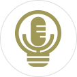 A gold logo of a microphone.