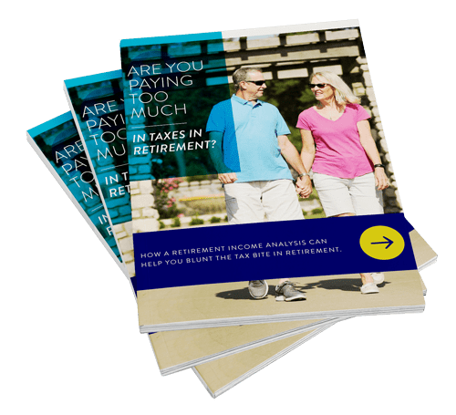 A transparent image of three copies of the whitepaper titled "Are You Paying Too Much in Taxes in Retirement," where the cover is a man and woman holding hands while walking.