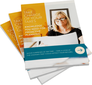 A transparent image of three copies of the whitepaper titled "Take Charge of Your Taxes," where the cover is a woman in her late 50s going through paperwork.